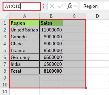Select Cell Range by typing in Name Box