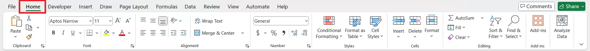 Home Tab in Excel