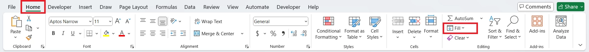Home Tab Excel Desktop