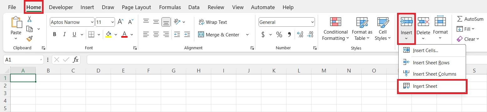 Insert a new Worksheet using the Ribbon