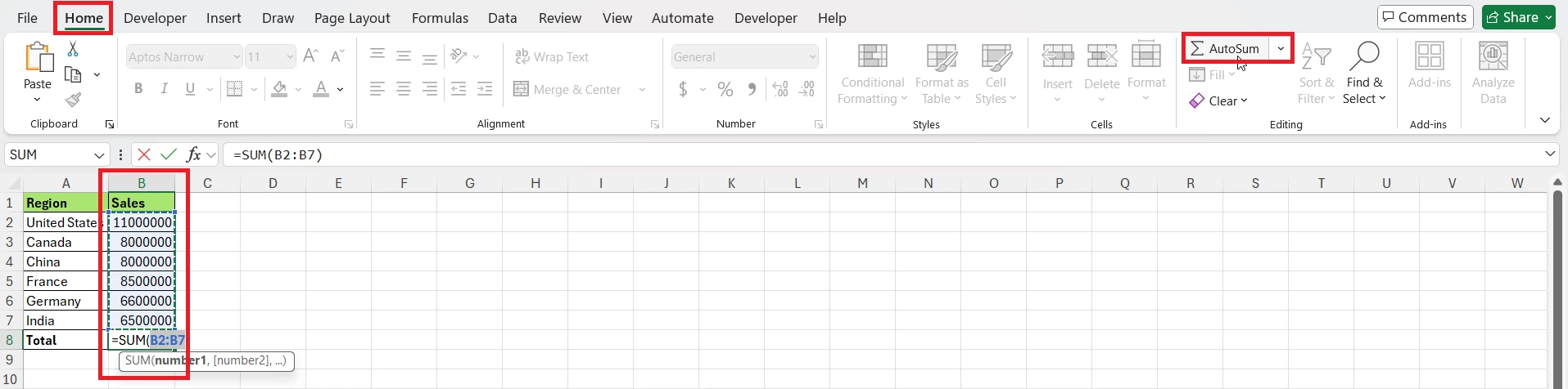 AutoSum in Excel