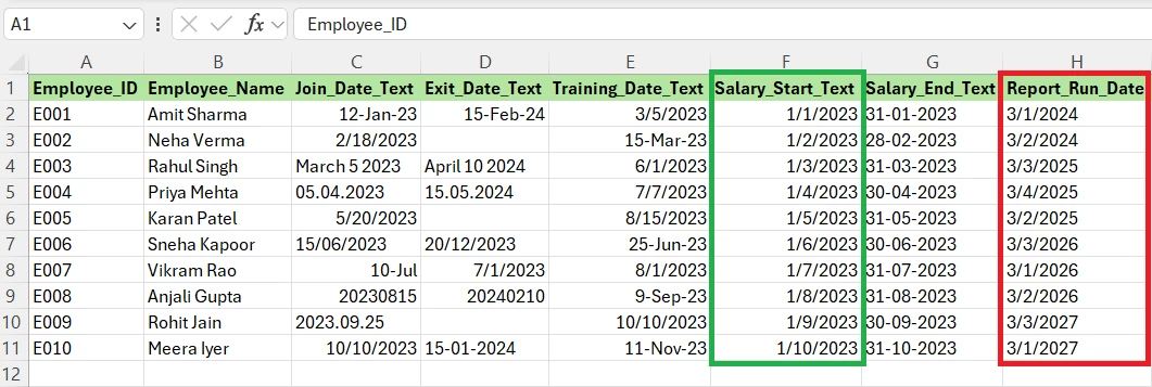 Text dates aligned left highlighted in Red, real dates aligned right highlighted in Green