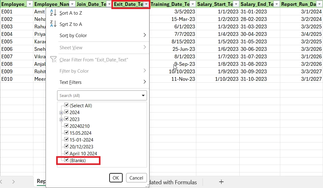 Filter showing blank date cells