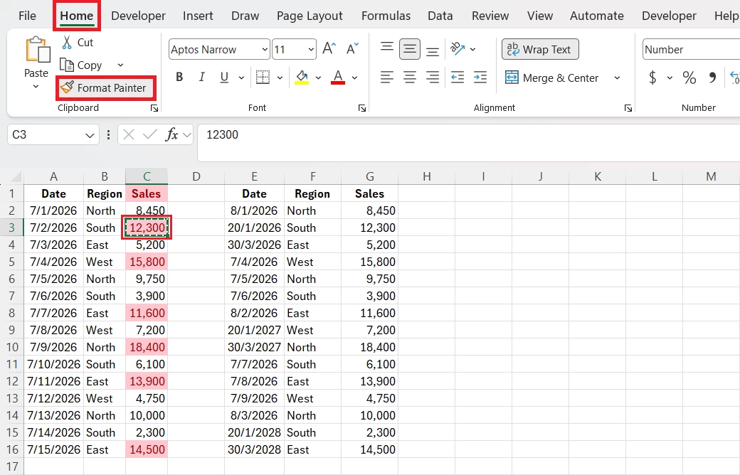Excel Home tab showing the Format Painter button highlighted